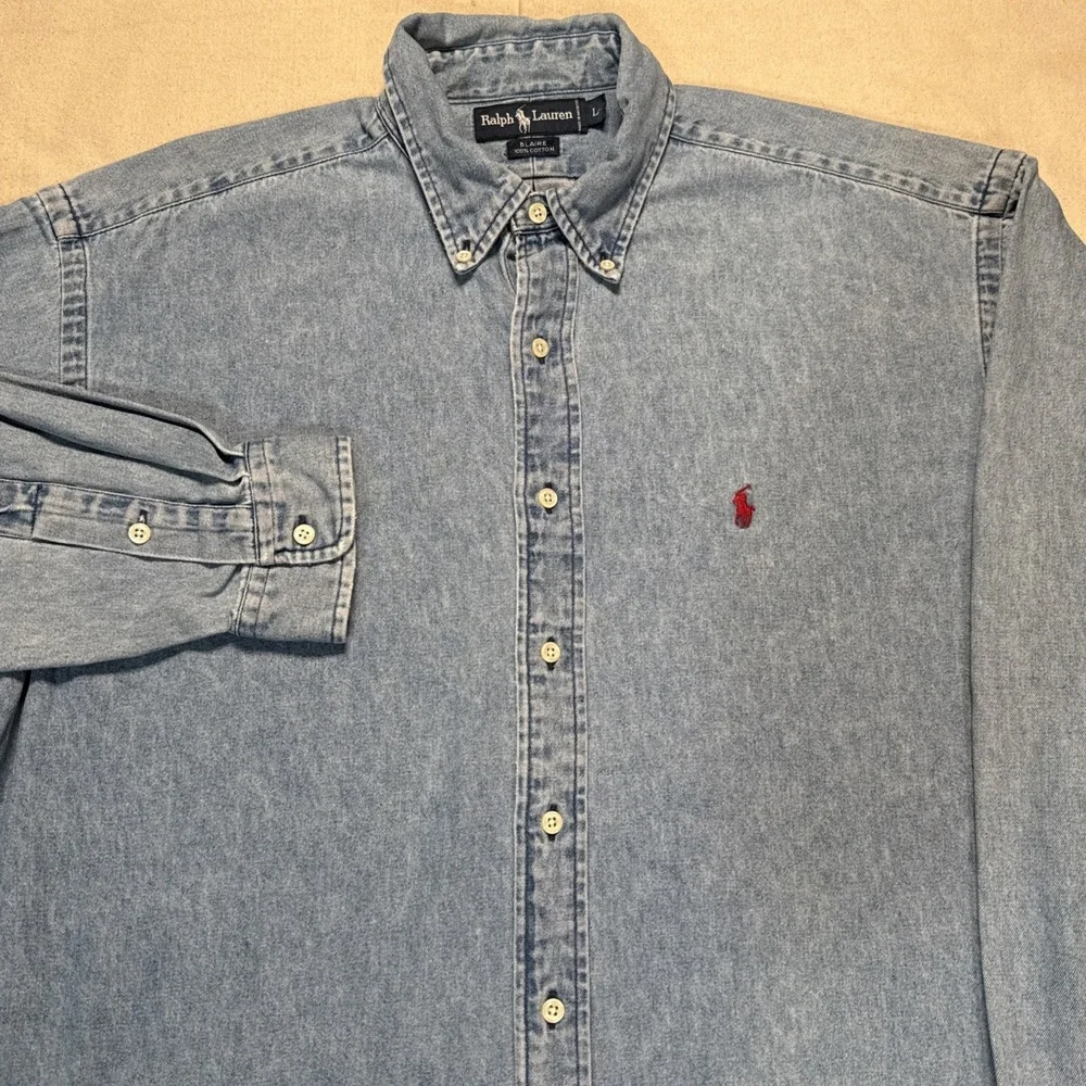 Vintage 90s Ralph Lauren Men's L Blaire Heavy Denim Button Down Shirt Red Pony